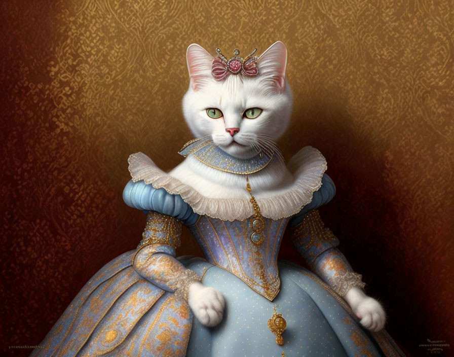 White Cat in Blue and Gold Renaissance Gown