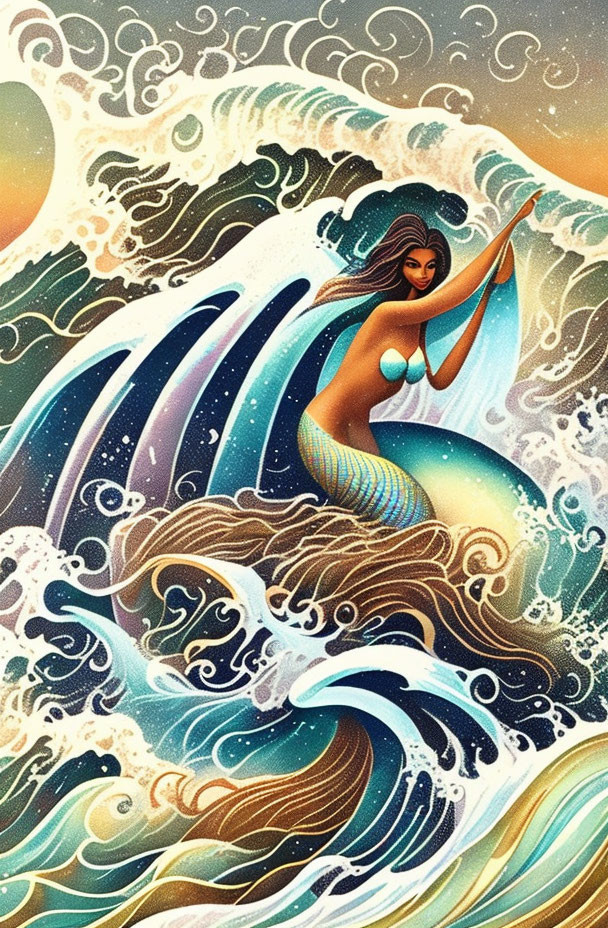 Mermaid illustration with flowing hair and conch in vibrant ocean waves