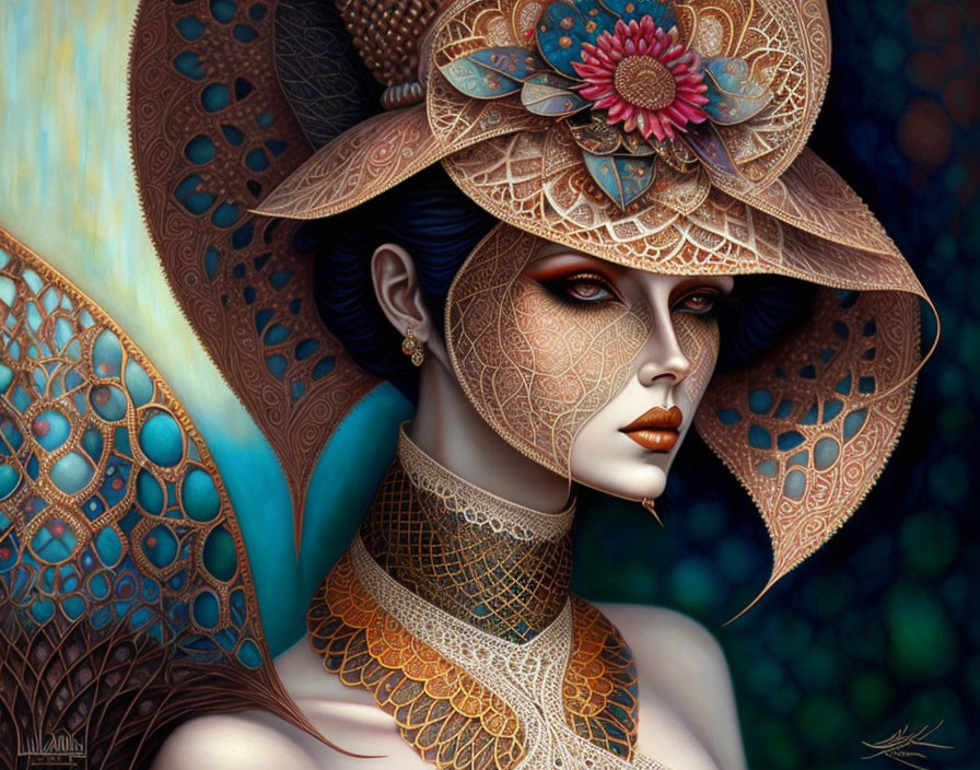 Illustration of woman with lace wings, wide-brimmed hat, jewelry, and intense gaze