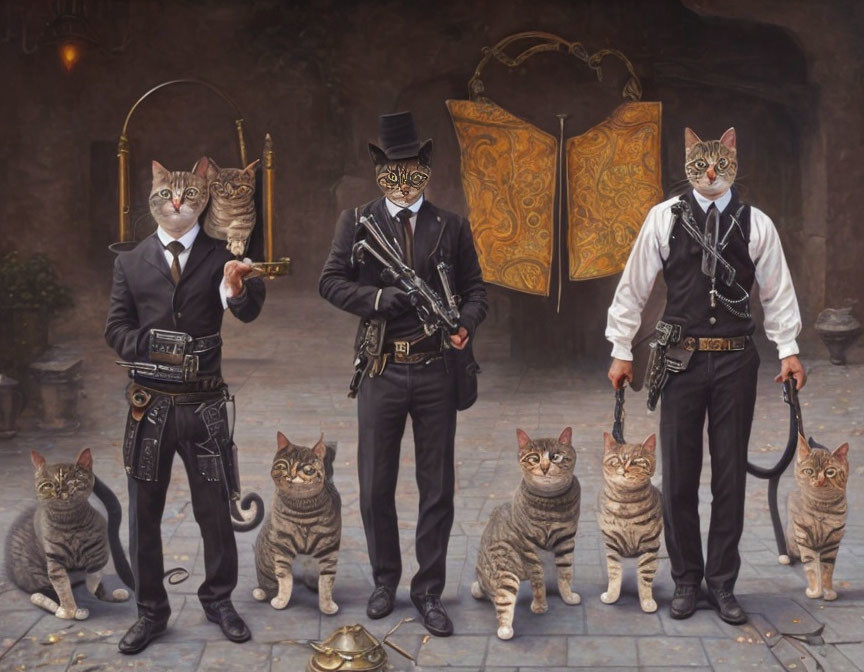 Anthropomorphic Cats in 19th-Century Attire on Cobblestone Street