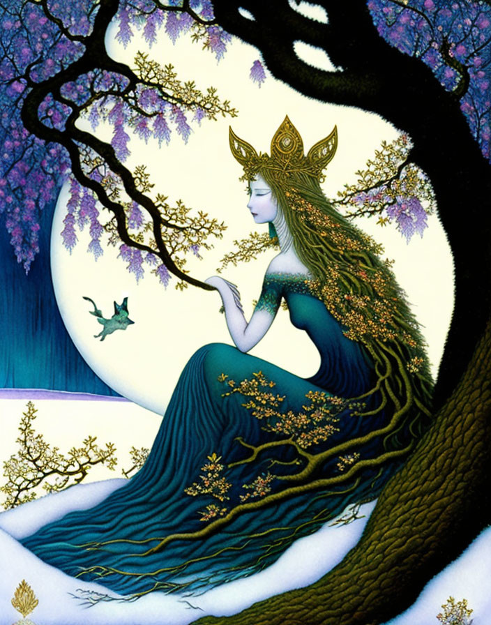 Fantasy illustration of woman merging with tree under starry sky