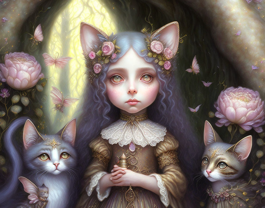 Fantasy illustration: Girl with cat ears, surrounded by cats and butterflies in magical setting