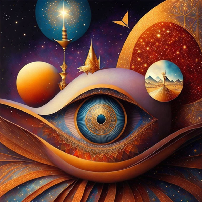 Surreal cosmic image with eye, celestial bodies, and colorful sky