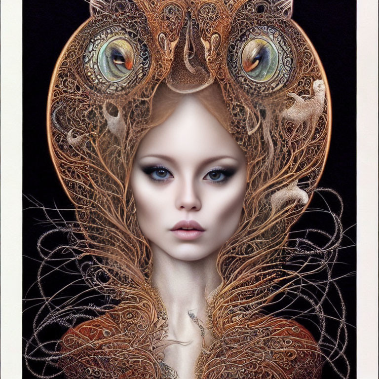 Intricate portrait of woman with owl-inspired headdress