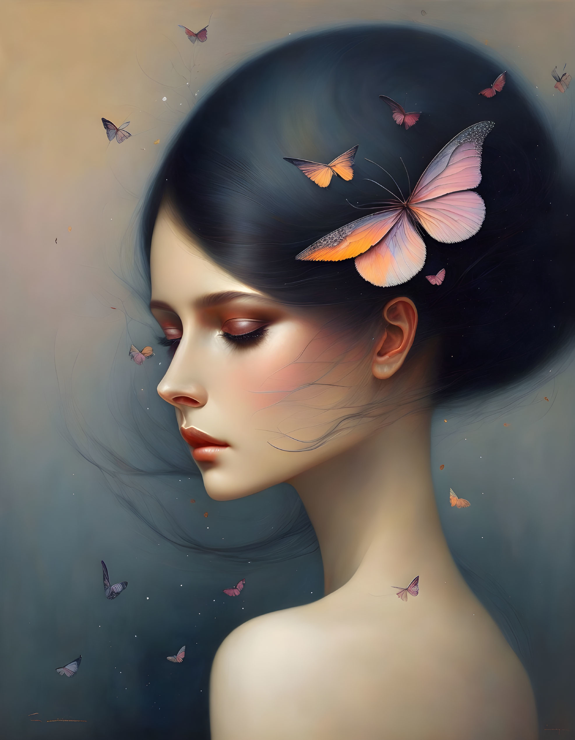 Portrait of woman with dark hair and pale skin among butterflies