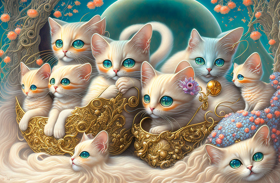 Seven Orange and White Kittens in Turquoise-Eyed Bowls with Blue and Peach Florals