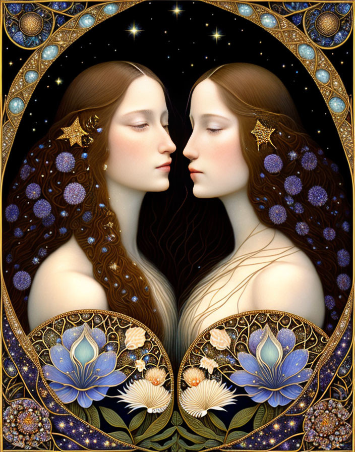 Symmetrical Faces Artwork with Golden Patterns and Celestial Theme