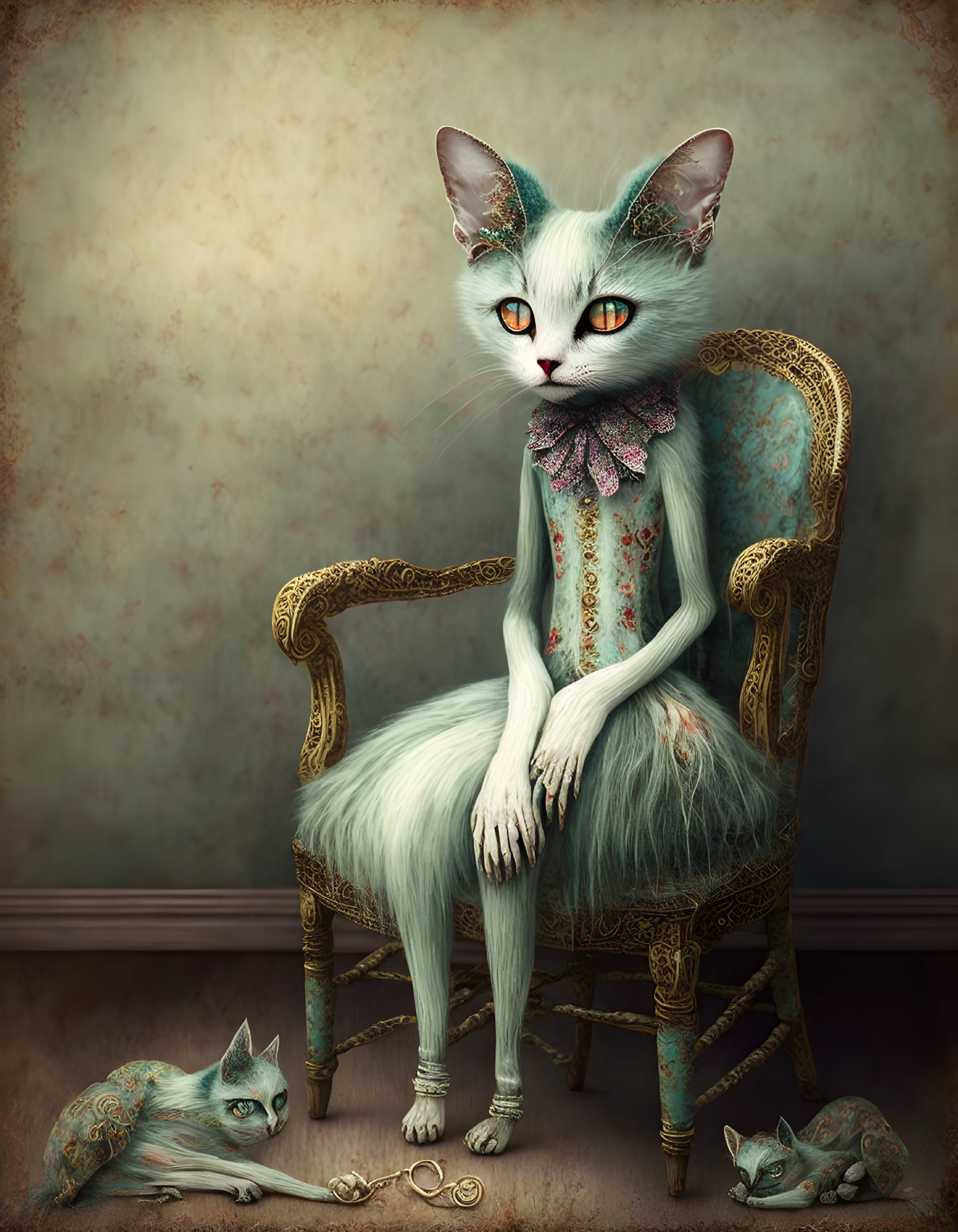 White anthropomorphic cat in ruffled collar on ornate chair with feline figures