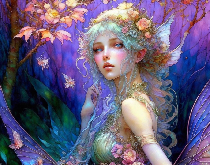 Enchanting fairy surrounded by flowers and butterflies