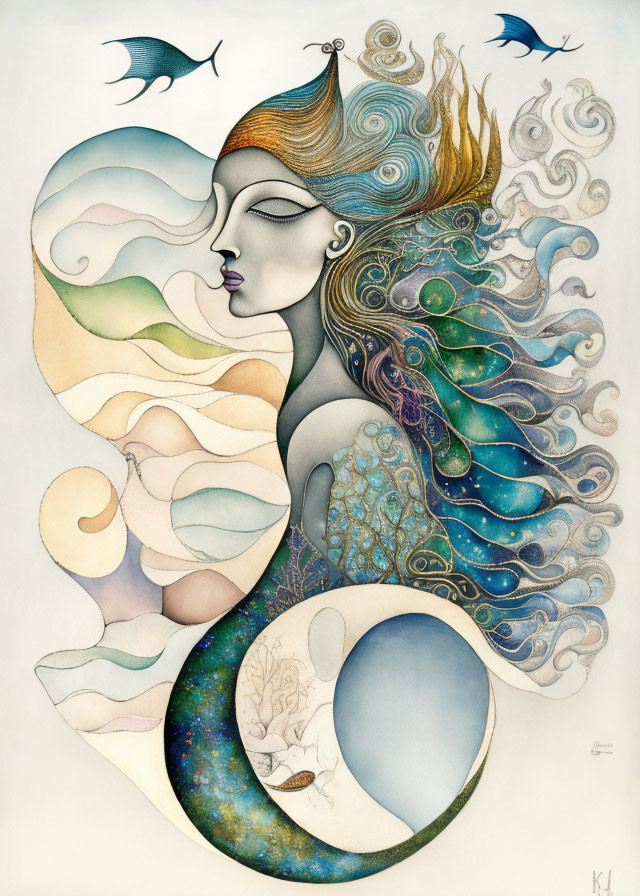 Illustration of Woman with Peacock Feather Hair and Cosmic Theme