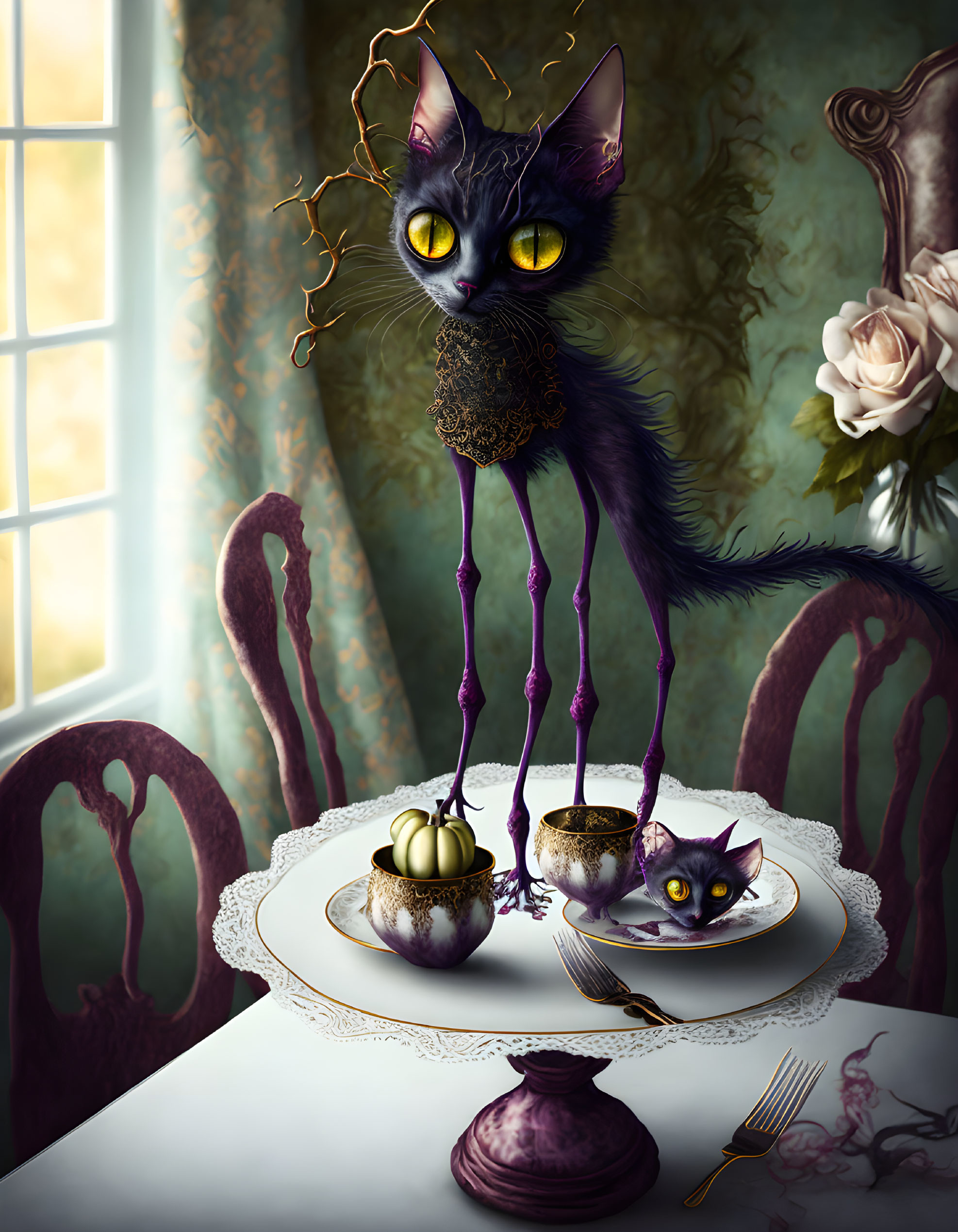 Elongated black cats with yellow eyes on surreal dining table