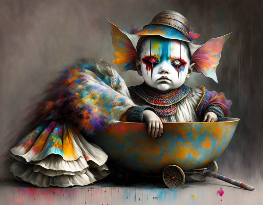 Child with vivid clown makeup and butterfly wings in old-fashioned bathtub on wheels