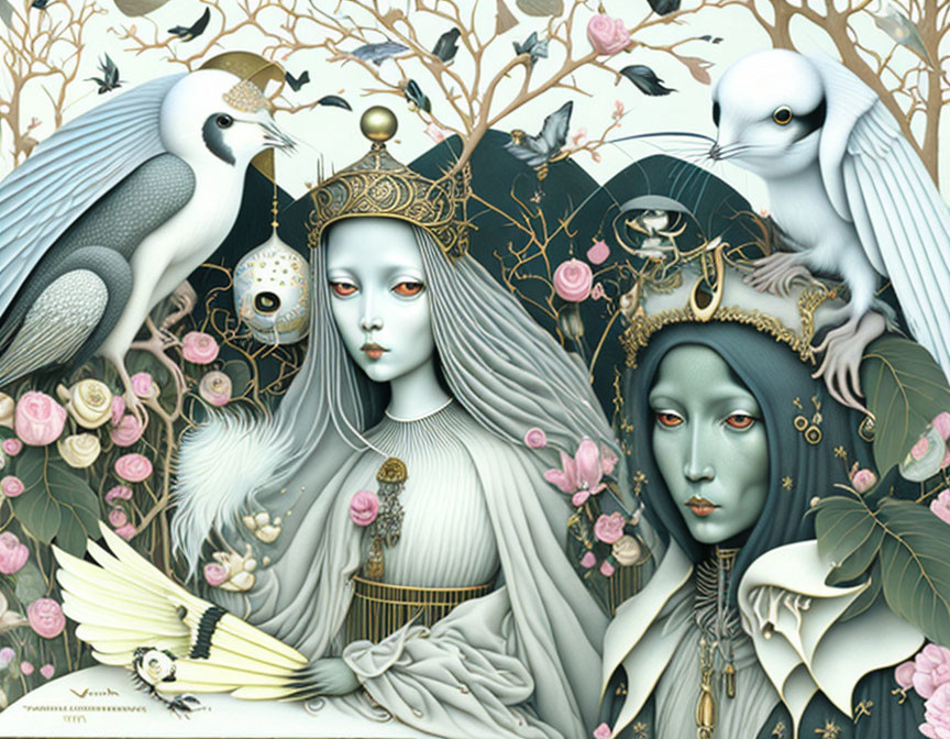 Ethereal figures with pale faces, birds, flowers, crown, horns, and skull