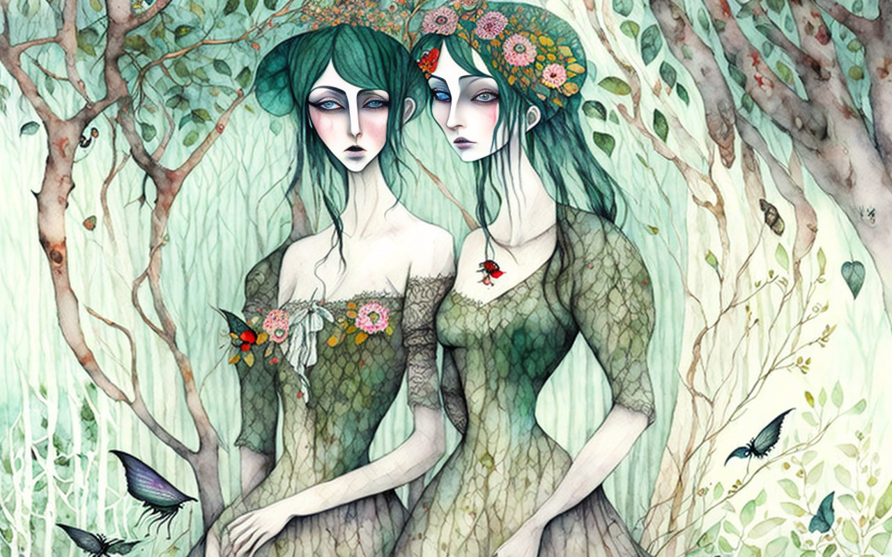 Ethereal women with green hair in whimsical forest with birds