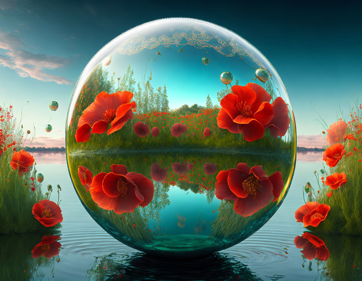 Transparent Sphere Reflecting Serene Landscape with Red Poppies