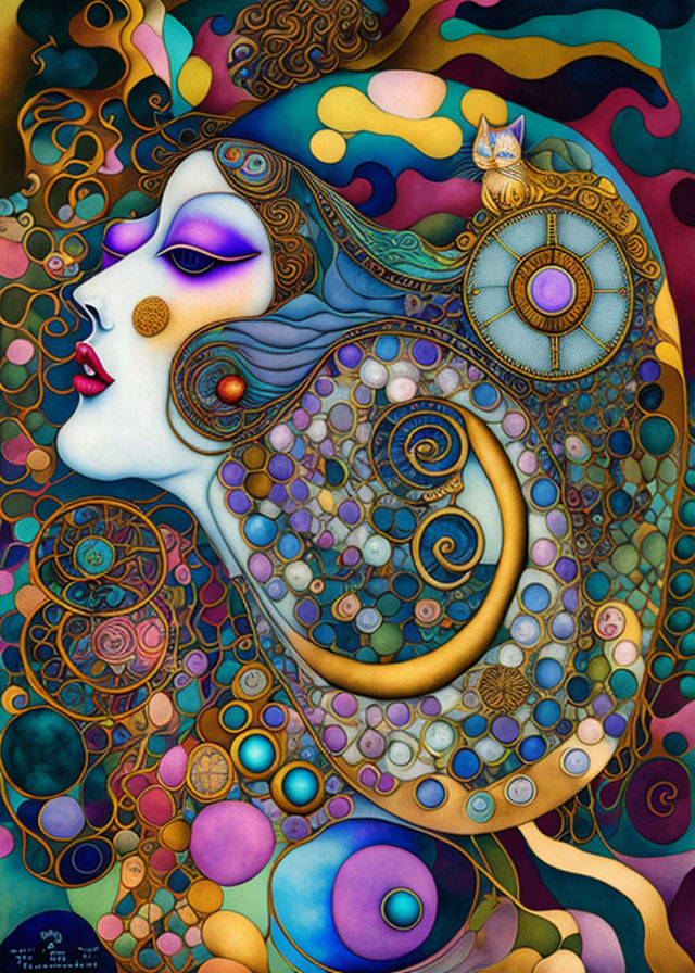 Vibrant psychedelic woman with swirling patterns and a cat.