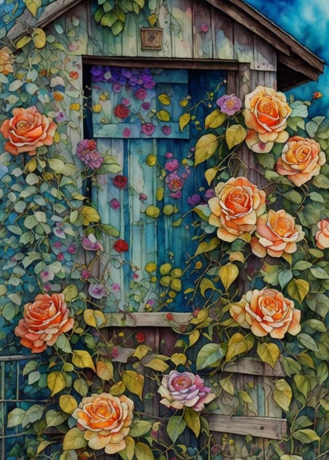 Vibrant watercolor painting: Blue door, green vines, orange roses on textured background