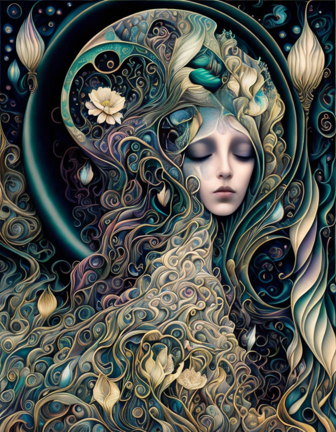 Tranquil female figure surrounded by swirling patterns in cool tones