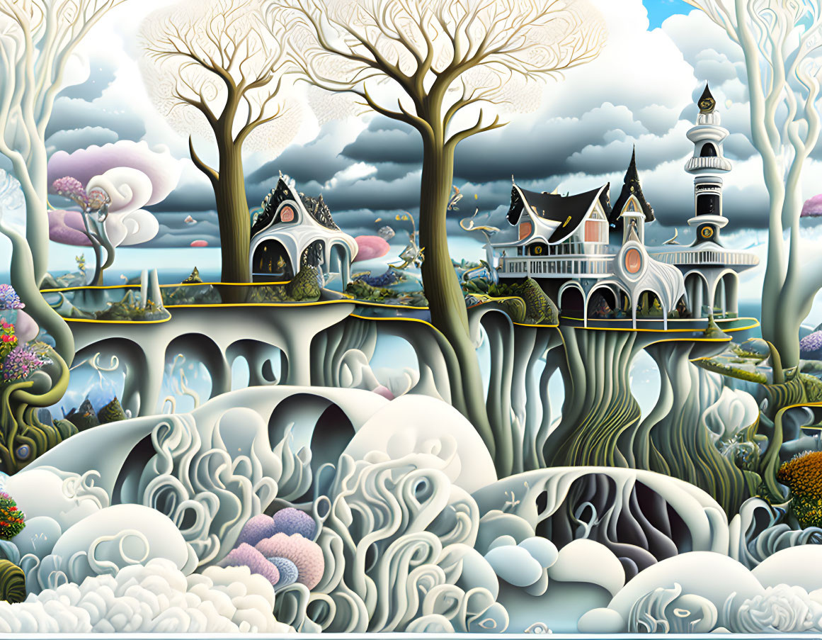 Surreal landscape with stylized trees, wave-like hills, whimsical buildings, and lighthouse