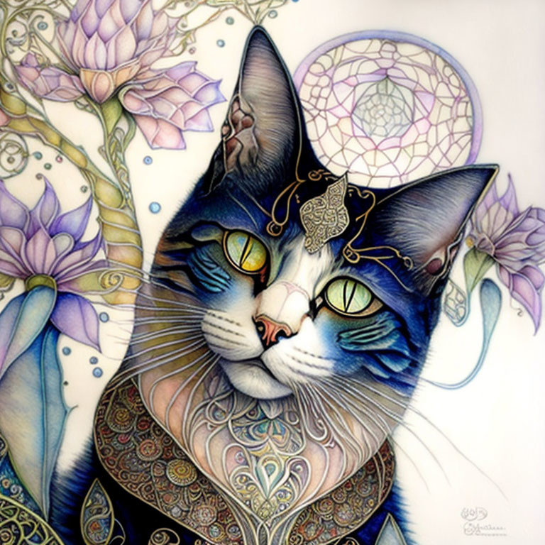 Vibrant cat illustration with intricate patterns, purple flowers, and dreamcatcher