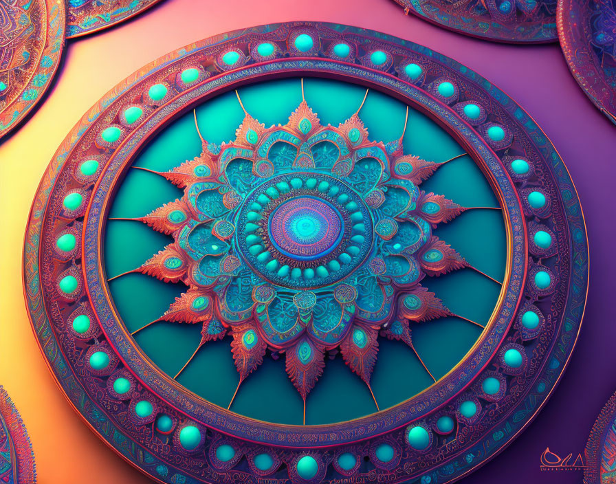 Colorful Fractal Art with Lotus-like Design in Blue and Orange