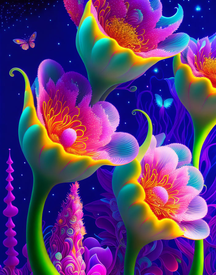 Neon-colored fantastical flowers in starry night sky with butterfly