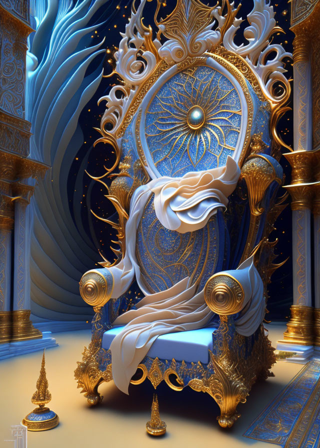 Regal throne with golden details on blue backdrop