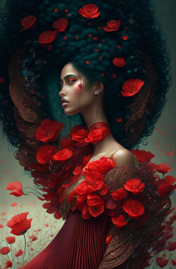 Stylized portrait of woman with dark teal hair and red flower adornments