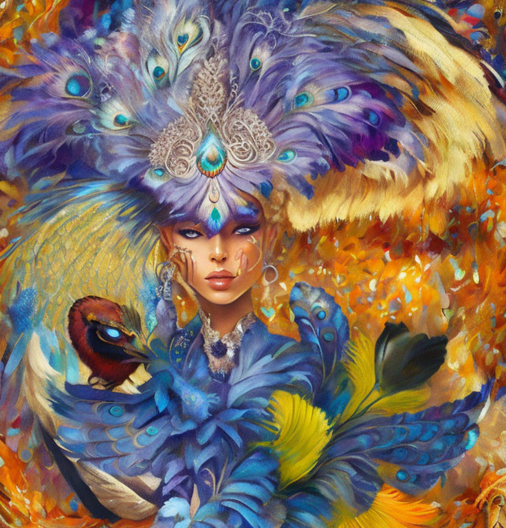 Colorful Woman with Peacock Feathers and Jewelry on Fiery Background