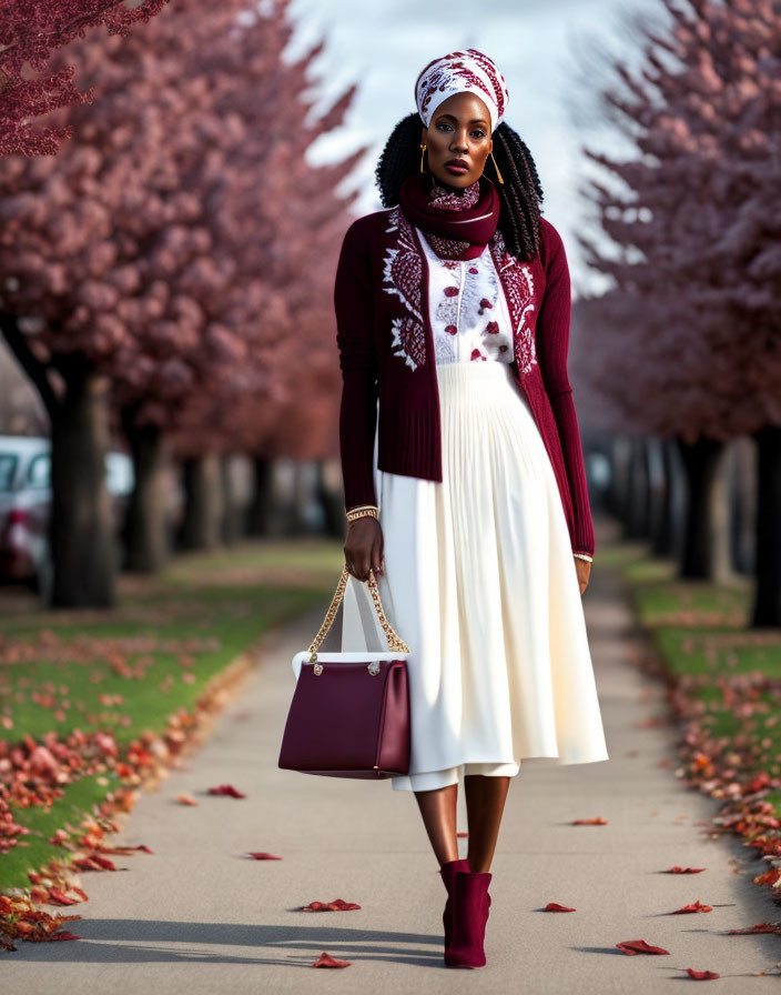 Stylish woman in autumn attire walking among pink foliage trees.