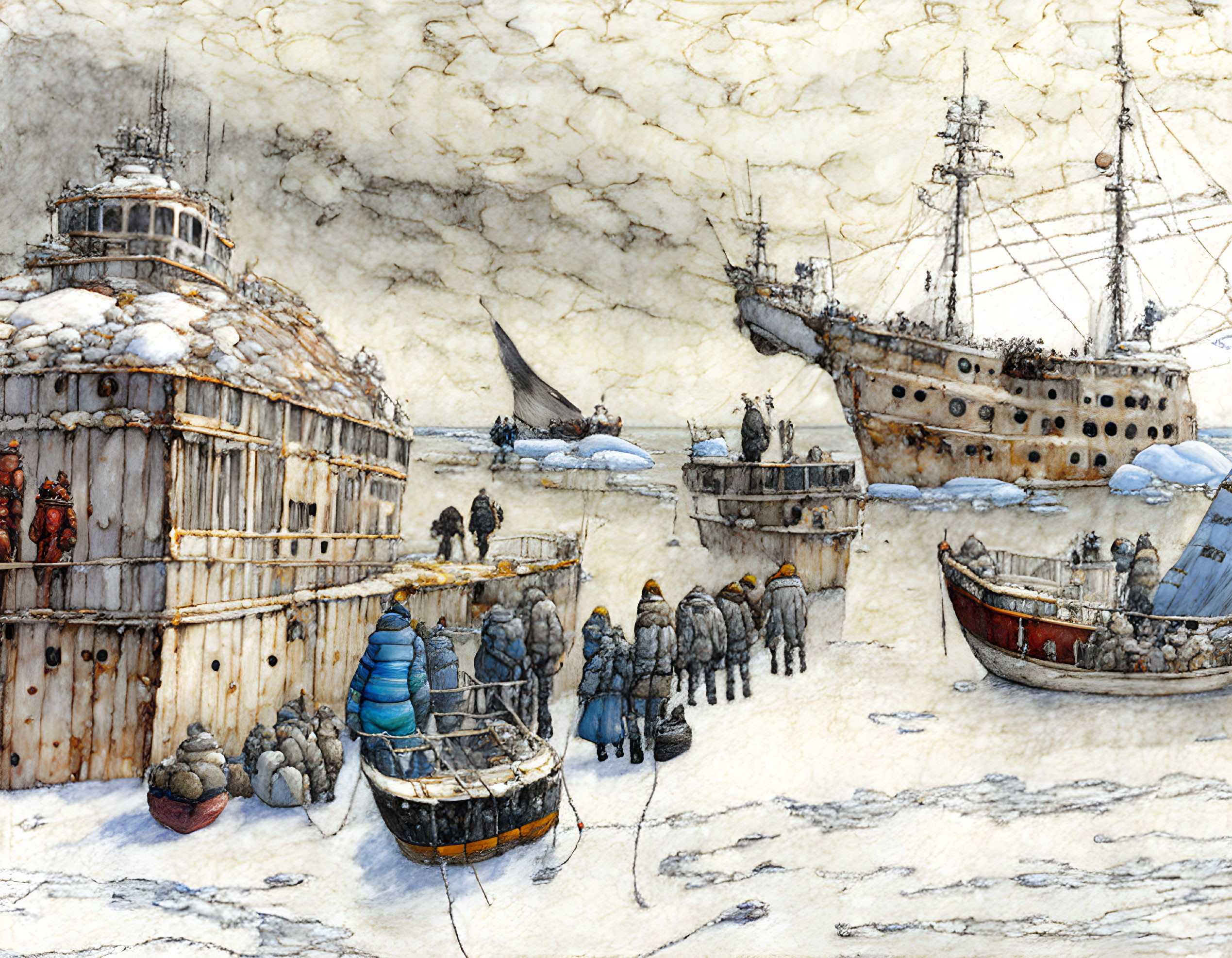 Arctic exploration scene with people, sleds, boats, and wooden structures on ice