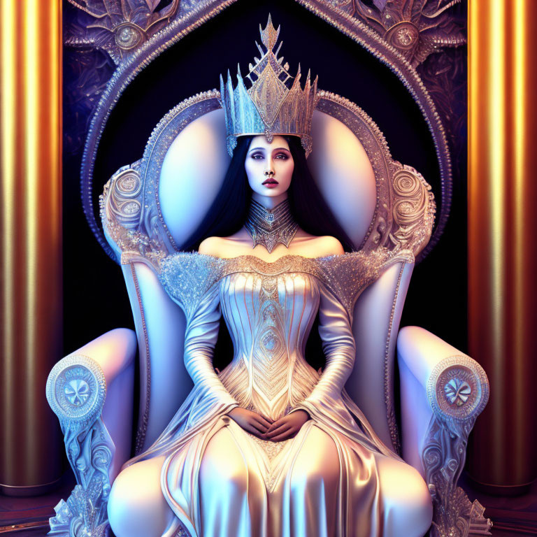 Regal figure in crown on throne with elaborate gown and golden decor