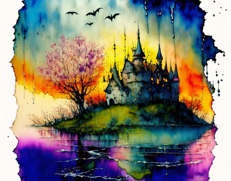 Vibrant watercolor painting: Castle silhouette at sunset with bats, lone tree, reflection