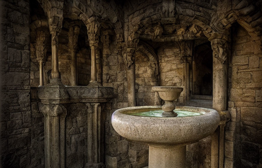 Gothic-style stone room with arches, columns & central fountain