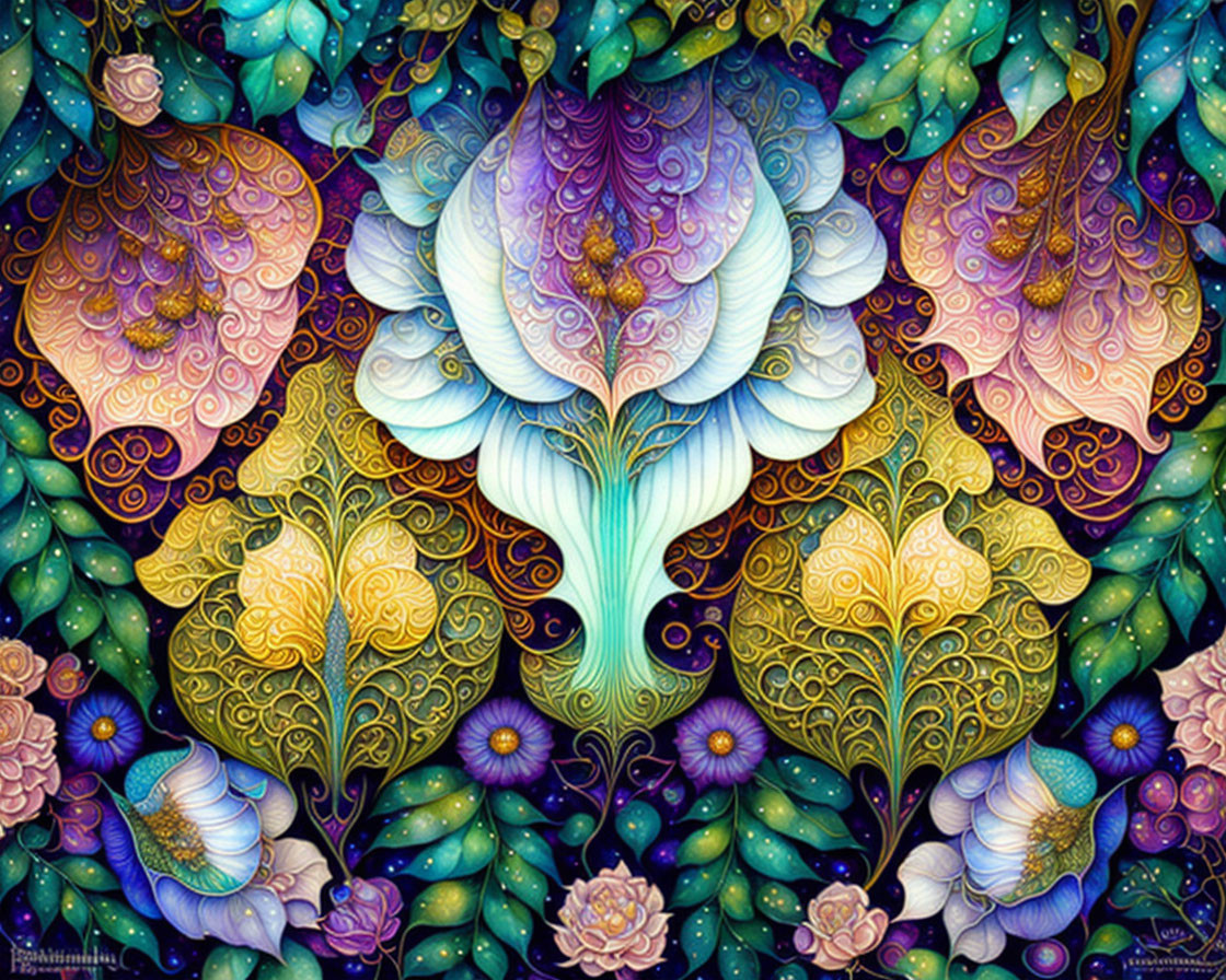 Colorful psychedelic floral artwork with intricate patterns in blues, purples, yellows, and greens