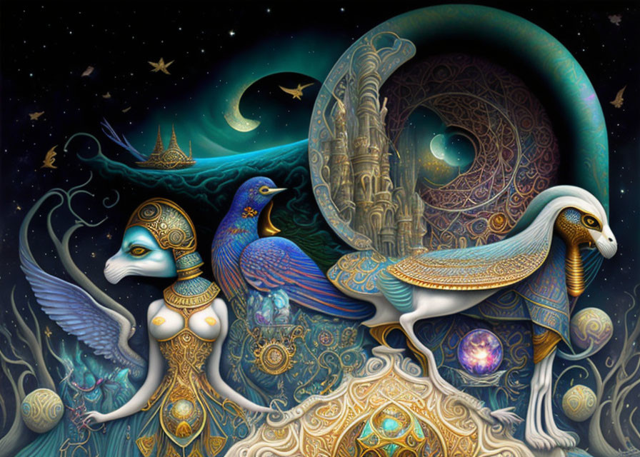 Vibrant celestial beings with peacock motifs in ornate space scene