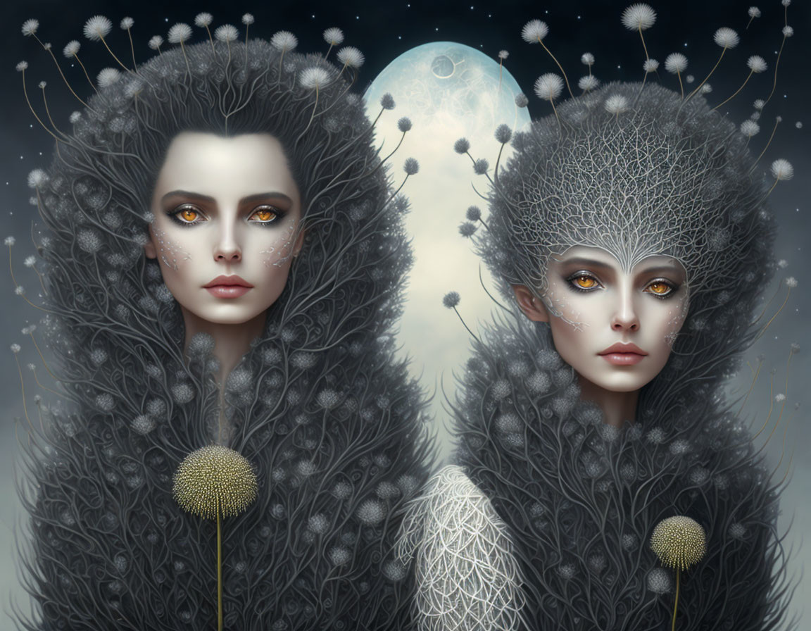 Ethereal figures with dandelion-like hair in moonlit backdrop