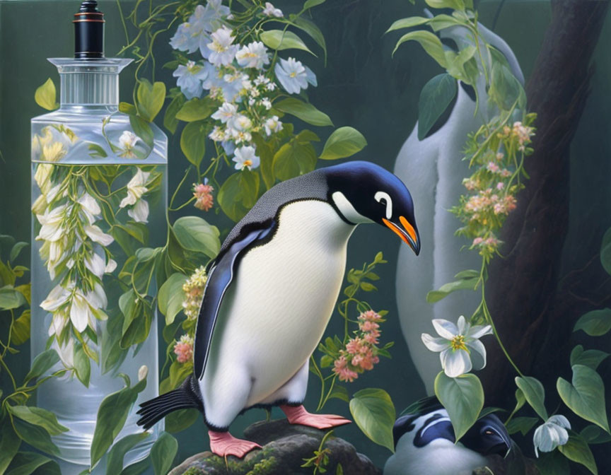 Surreal penguin with perfume bottle surrounded by lush flowers