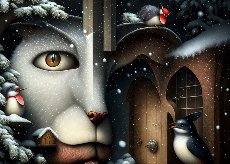 Whimsical cat face merged with wintry landscape and small houses