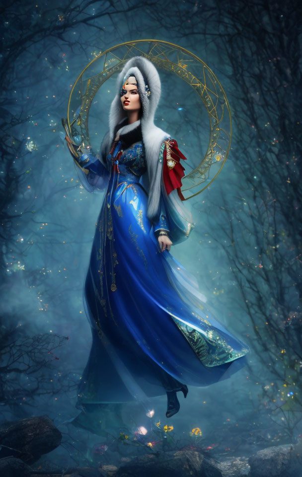 Mystical woman in vibrant blue gown with staff in dreamy forest