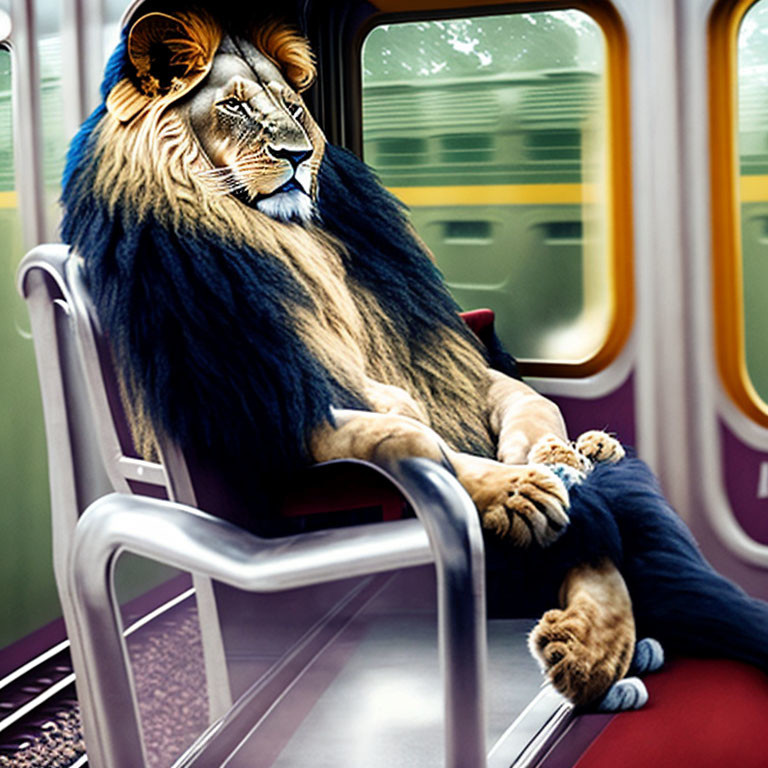 Lion with human body on subway train gazes out window