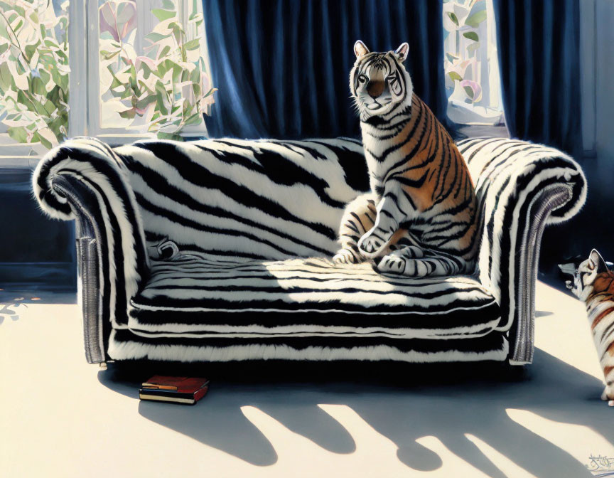 Tiger on Zebra-Striped Sofa in Sunlit Room