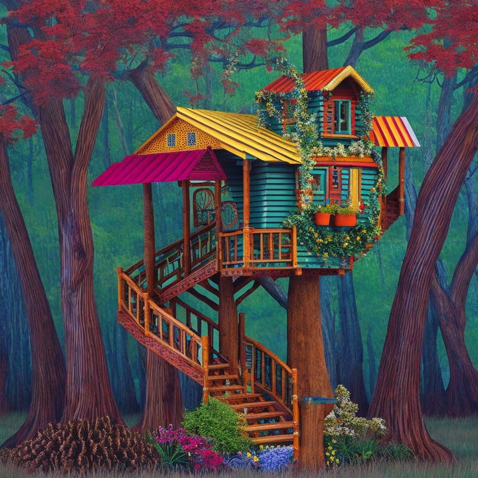 Vibrant treehouse with red, yellow, and green sections in lush natural setting