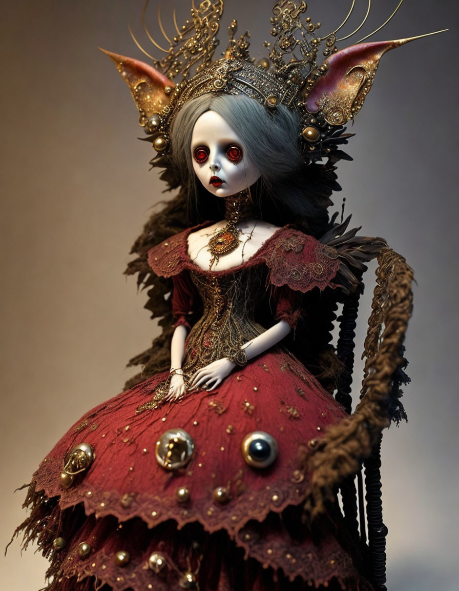 Detailed Gothic-inspired Doll with Elaborate Red Dress and Crown