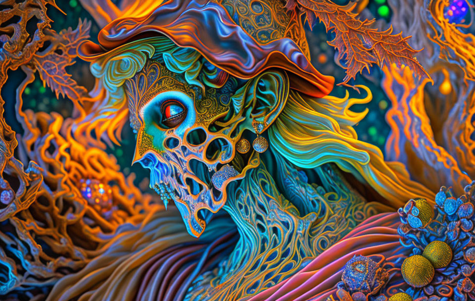 Colorful Psychedelic Skull Illustration with Neon Patterns and Abstract Shapes