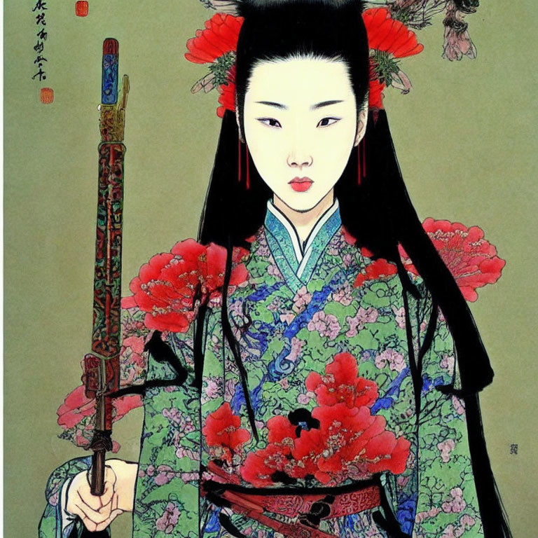 Japanese Geisha Artwork: Geisha in Floral Kimono with Red Flowers Holding Shamisen