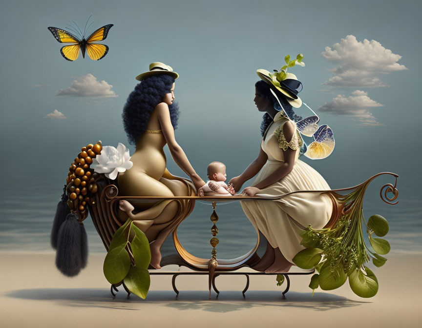 Vintage Attired Women with Baby on Floral Bench Surrounded by Oversized Butterflies