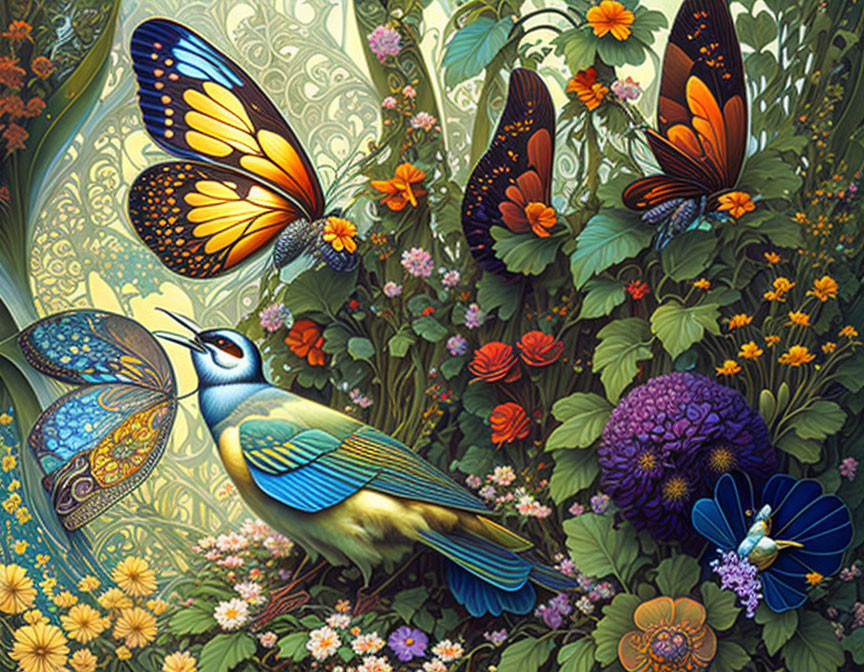 Colorful Bird Among Flowers and Butterflies with Intricate Patterns