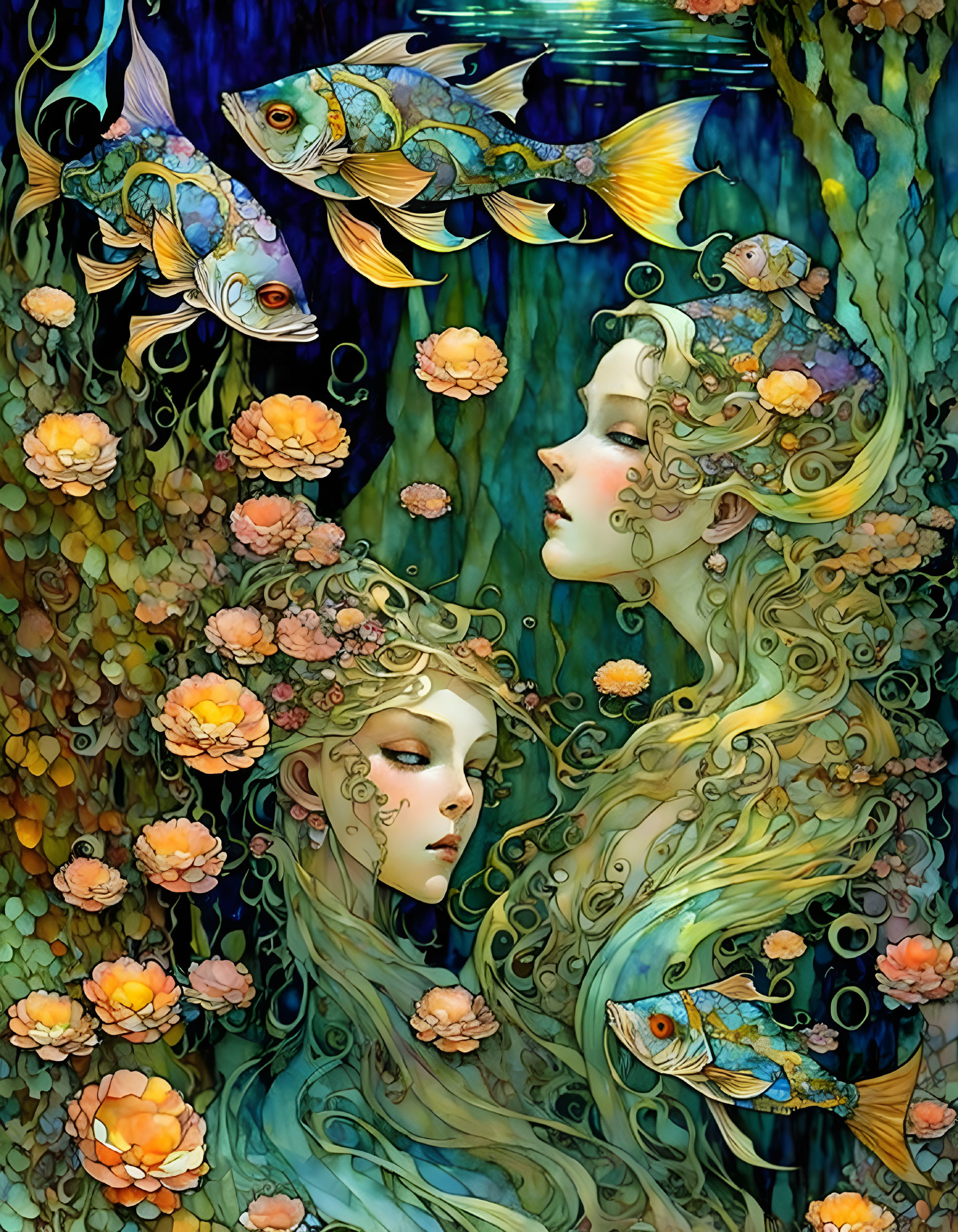 Ethereal women with fish and aquatic plants in vibrant underwater setting