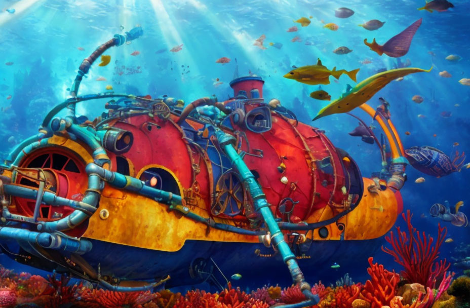 Colorful Underwater Scene with Submarine, Coral, and Tropical Fish